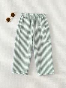 Cozy Pixies 男女童蓝白条纹松紧腰侧袋休闲裤，百搭舒适 - 薄荷綠 - 查看 2