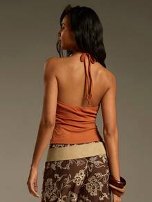 Athîral Women's Casual Vacation Knit Halter Sleeveless Beaded Top - Rust Brown - View 2