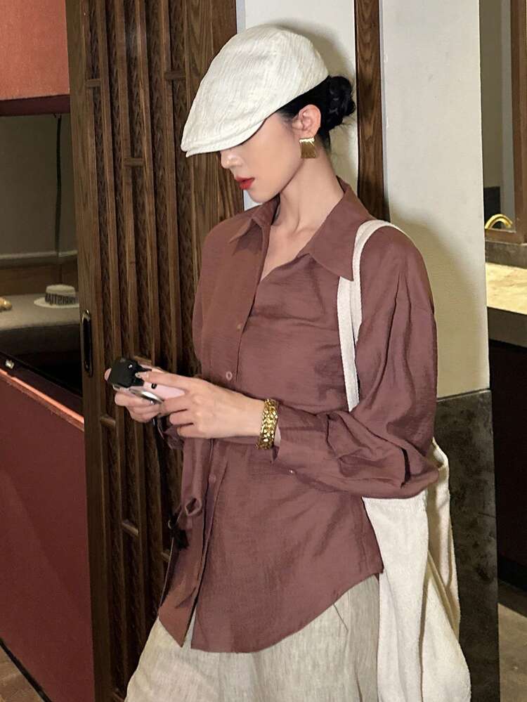 Women's Casual Solid Color Belt Shirt, Spring