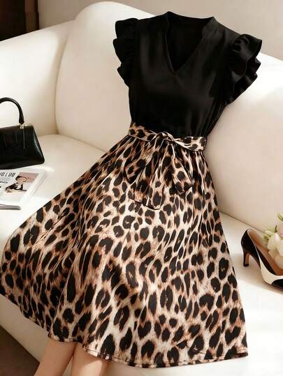 GlowEve CURVE Plus Size V-Neck Cap Sleeve Fitted Tie-Waist Leopard Print Patchwork Dress