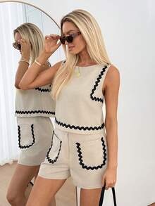 Women's Wavy Strap Round Neck Tank Top And Shorts Casual Set  2pcs/Set Women Summer Outfit, Contrast Trim Blouse & Plain Loose Casual Pants Set, Suitable For Daily, Office, Commuter Wear Work Outfits For Women Office Outfits For Women Elegant Outfits For Women Classy Outfits For Women Two Pieces Set, Linen Sleeveless Two Pieces Suit, Vacation, Festival, Beach Resort Casual Two Pieces Ensemble With Breathable Linen-Like Fabric, Business Casual Woman, Women's Casual Round Neck Sleeveless Crop Top - Khaki - View 4