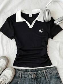 SHEIN Tween Girl Knit Casual Color Block Fitted Crop Top With Small Logo Embroidery, Tween Girl - Black and White - View 3