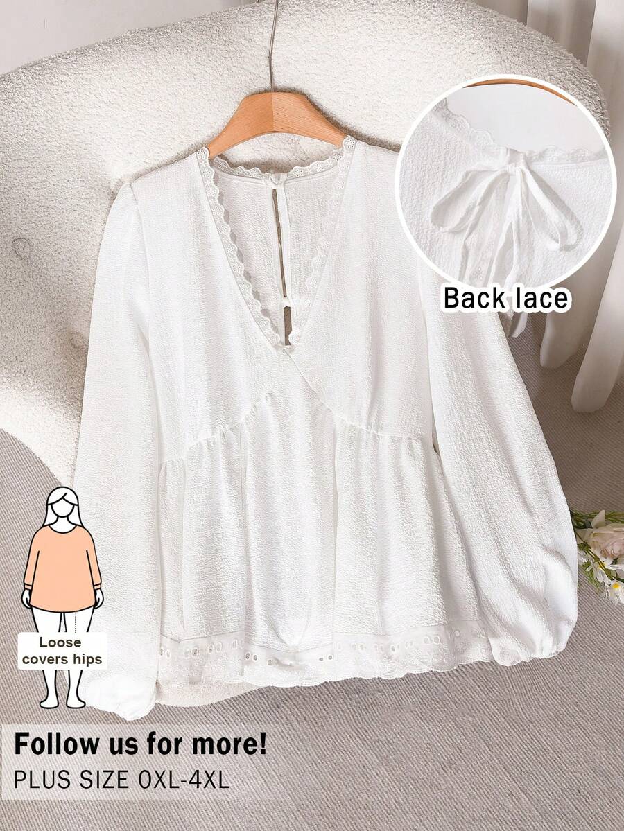 CosyJoli Plus Size Women's Solid Color Contrast Lace V-Neck Long Sleeve Casual Blouse - White - View 1