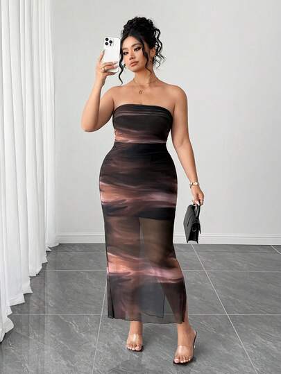SHEIN PETITE CURVE Plus Size Tie Dye Mesh Strapless Split Hem Slim Fit Dress For Women