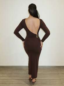 MDEdit Elegant Backless Metal Decor Waist Fitted Knit Dress For Women, Party & Gathering Open Back Dress Chocolate Brown Dress - Coffee Brown - View 2