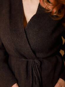 Gretanique 落肩系带开衫，长袖上衣，复古风格商务休闲女士工作服 - 巧克力棕 - 查看 3