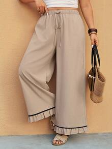 Elaquor 大码女式纯色系带阔腿宽松休闲度假沙滩裤，适合办公室和通勤穿着。 - 杏色 - 查看 8