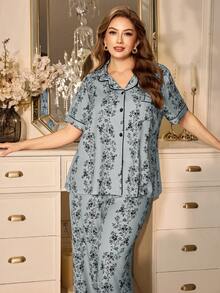 MuseNap CURVE Plus Size Floral Print Ruffle Collar Short Sleeve Pajama Set Floral Print Pajama Set Sleep Wear Women 2 Piece Set Pajamas Pajamas Set For Woman - Multicolor - View 5