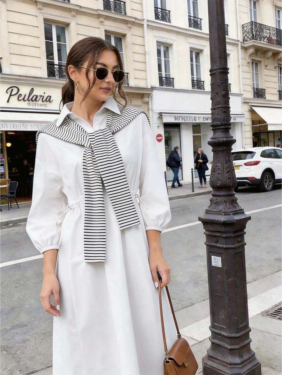 Solavon 腰部抽繩襯衫連衣裙帶條紋圖案披肩 - 白色 - 查看 1