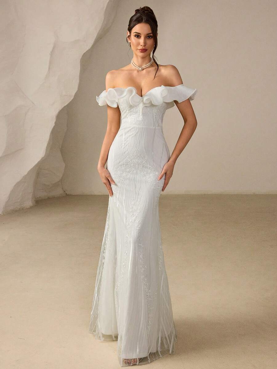 Poshira Elegant Embroidered Organza Mermaid Hem Design Wedding Dress, Suitable For Birthday Party, Graduation Ceremony - White - View 1