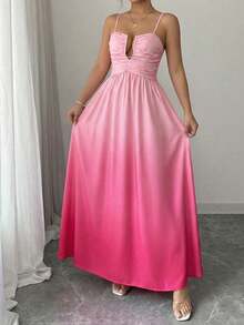 Elenzga 1pc Women's Spring/Summer Gradient Ruched Hollow Halter Waist A-Line Dress, Elegant Vacation Outfit - Pink - View 3