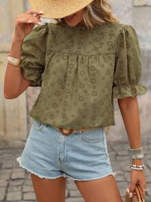 Brillora Camicia casual versatile da donna con colletto alla coreana, ricamo floreale e pieghe - Verde militare - Visualizzare 3
