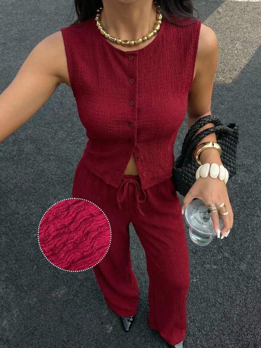 SHEIN EZwear 红色前扣吊带背心和裤子通勤日常穿着套装 - 酒紅色 - 查看 1