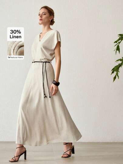 MOTF PREMIUM ELEGANT SLIMMING V-NECK LINEN VINTAGE STYLE WAIST CINCHED DRESS FOR WOMEN, SUMMER