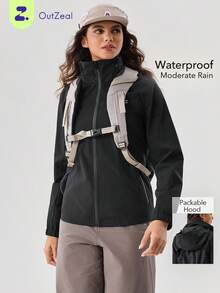 OutZeal Chaqueta negra de mujer con capucha, resistente al agua y al viento, con panel de malla en la espalda, para camping y senderismo - Negro - Ver 1