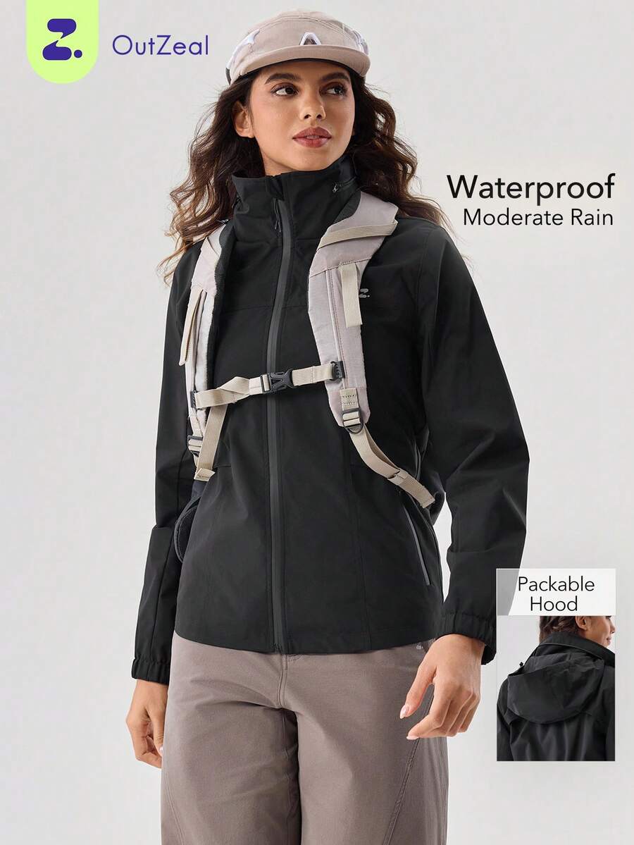 OutZeal Chaqueta negra de mujer con capucha, resistente al agua y al viento, con panel de malla en la espalda, para camping y senderismo - Negro - Ver 1