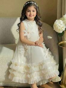 SHEIN Tween Girl Fashionable Elegant Mandarin Collar Sleeveless Dress - White - View 2