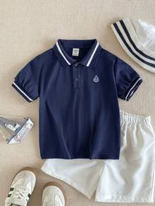 PrepCrw 男童长袖 Polo 领 T 恤，学院风 - 藏蓝色 - 查看 2