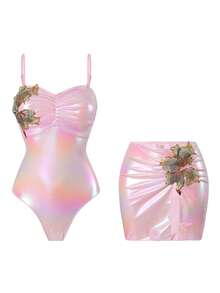 Swim Oasis 女士粉色亮面面料泳衣，带亮片花朵贴片和配套裙子，两件套沙滩度假套装，夏季 - 淺粉色 - 查看 1