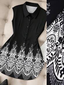 Franclia 女士休闲印花短袖衬衫，春夏无袖衬衫，黑白上衣，黑白衬衫，黑白女式衬衫 - 彩色 - 查看 1