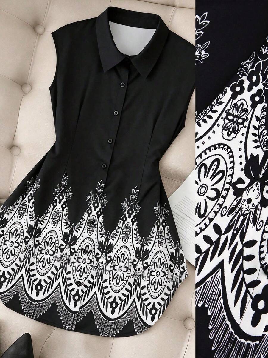 Franclia 女士休闲印花短袖衬衫，春夏无袖衬衫，黑白上衣，黑白衬衫，黑白女式衬衫 - 彩色 - 查看 1