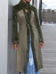 Mima John Women's Extra Long Faux Suede & Faux Fur Patchwork Jacket, Olive Green - Green - View 5