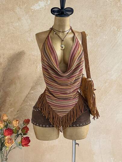 Soleia Women's Casual Vacation Textured Knit Halter Neck Tank Top With Fringe Hem, Suitable For Dates, Weddings, Beach, Cruise Vacations, Hippie, Western Style. Can Be Worn Layered Or Alone, Suitable For All Seasons, Commute