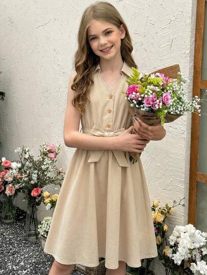 SHEIN Tween Girl Woven Solid Color V-Neck Casual Dress