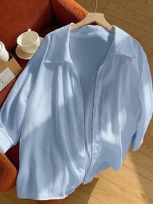 Comfortcana Spring White Solid Batwing Sleeve Shirt - Blue - View 6