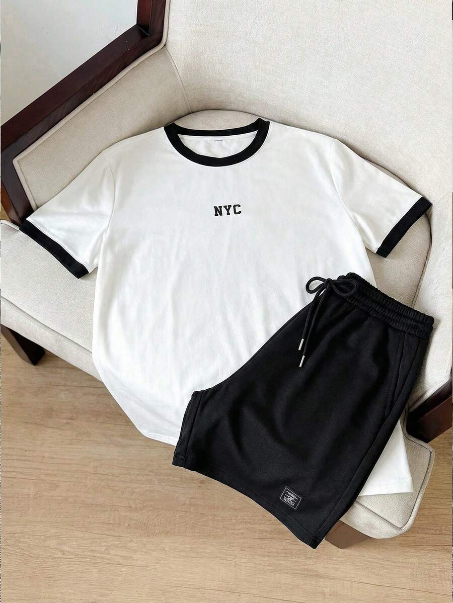 SWAVVY Bộ đồ nam gồm áo thun ngắn tay cổ tròn in chữ và quần short cạp chun, kiểu dáng thường ngày. - Đen và trắng - Xem 1