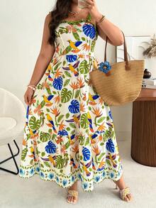 Ceyna Plus Size Women's Sleeveless Square Neck Tropical Parrot Print Dress, Elegant & Casual Vacation Dress Women Vacation Dress Women Sundress Women's Summer Dresses Women's Summer Outfits Women Sun Dress Women Casual Dresses Women's Spring Dress Casual Summer Dresses For Women Tropical Print Maxi Dress Resort Wear Women Vacation Dress Bird Print Dress - Multicolor - View 3