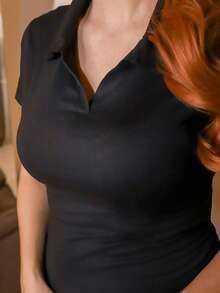 Gretanique 女士纯色领短袖休闲褶皱 T 恤 - 黑色 - 查看 3