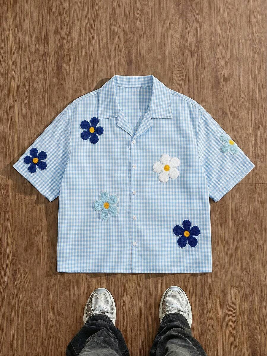 Manfinity Unisex Men's Short Sleeve Shirt With Applique, Spring/Summer - Blue - View 1