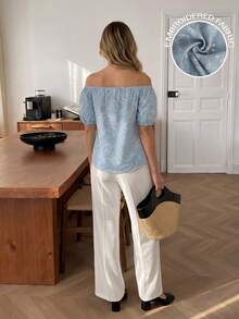 Easowa 露肩灯笼袖衬衫，花卉刺绣提花面料，休闲放松优雅通勤复古度假风女式衬衫，春夏款 - 彩色 - 查看 5