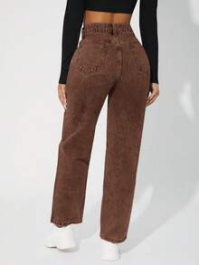 SHEIN PETITE Jeans de mezclilla con botones y bolsillos, de uso casual diario para mujer - Marrón - Ver 2