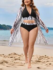 Swim Lushoire Women's Printed Bikini Set, Mesh Cover-Up, Tropical Swimsuit 3 Pieces Set , Beach Holiday Kimono - Black - View 3