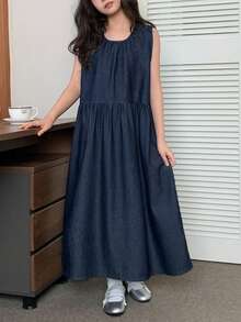 DAZY Đầm denim không tay cổ tròn cho bé gái tuổi teen - Màu xanh lam - Xem 3