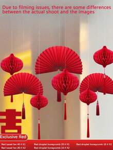 新款经典节日暖心中国传统红色蜂窝灯笼套装，纸扇吊坠和西瓜灯笼，适合新年、婚礼、情人节装饰，无需用电，无羽毛，适用于卧室、客厅、窗户装饰 - 彩色 - 查看 2