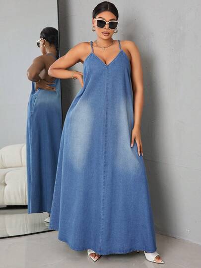 SHEIN CURVE+ Plus Size Women Loose Casual Denim Jumpsuit Dress