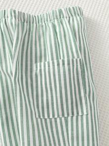 Cozy Pixies 男女童蓝白条纹松紧腰侧袋休闲裤，百搭舒适 - 薄荷綠 - 查看 7