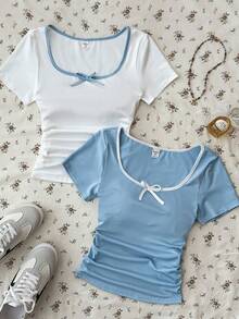 SHEIN Bộ 2 áo thun nữ tuổi teen cổ vuông phối màu có nơ trang trí - Xanh và trắng - Xem 3