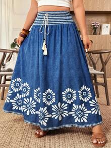Weeklong Plus Size Women's Summer New Bohemian Style Blue Print Tassel Tie Vintage Drape Skirt. Suitable For: Vacation, Casual Daily, Light Social Occasions, Sightseeing, Beach, Ancient Town Beach Skirt For Women Women's Summer Outfits - Blue - View 3