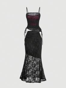 SHEIN MOD Chân váy dài dáng đuôi cá cạp cao màu đen ren xuyên thấu quyến rũ cổ điển với dây rút bên hông và nhún eo – Thích hợp cho hẹn hò, tiệc tùng, trang phục mùa hè và mùa xuân cho nữ, kỳ nghỉ xuân, du lịch, dã ngoại, lễ hội, sinh nhật. - màu đen - Xem 7
