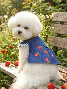 PETSIN 1件猫狗通用服装，草莓蓝刺绣蕾丝袖连衣裙，带牵引环，宠物春季公主裙 - 藍色 - 查看 2