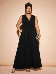 Cravure Plus Size Sleeveless Jumpsuit Plus Size Formal Jumpsuit Plus Size Black Elegant Jumpsuit - Black - View 4