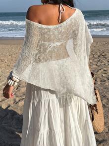 Sunnyshic Women's Green Hollow-Out Minimalist Sheer Casual Vacation Style Knit Cover Up Cover Up, Summer - White - View 2