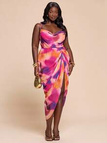 SHEIN BAE Plus Size Women's Tie-Dye Print Mesh Ruched Spaghetti Strap Camisole Dress,Side Slit Hem Pink Summer Beach Holiday Vacation,Y2k Club Outfits - Multicolor - View 4