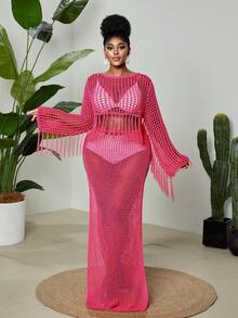 Maweii Plus Size Women's Sweater Set,Hot Pink,Autumn,Boho,Vacation,Holiday,Long-Sleeved Cutout Top & Skirt,Tassels,Seaside,,Elegant,Knitted Swimsuit Suit - Hot Pink - View 3