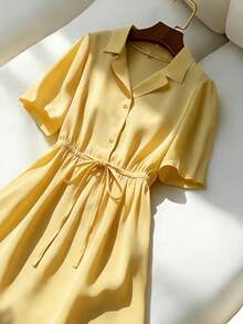Franclia 新款春夏翻领短袖束腰连衣裙 - 芥末黃 - 查看 5