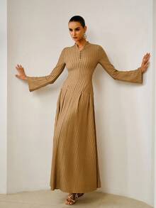 ZEYLAH Elegant Fitted Knit Dress, Minimalist Style, Spring/Summer - Khaki - View 6